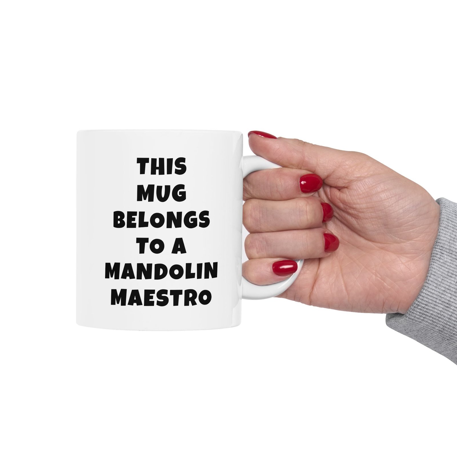 THIS MUG BELONGS TO A MANDOLIN MAESTRO mug — minimalist black text coffee cup gift for musicians