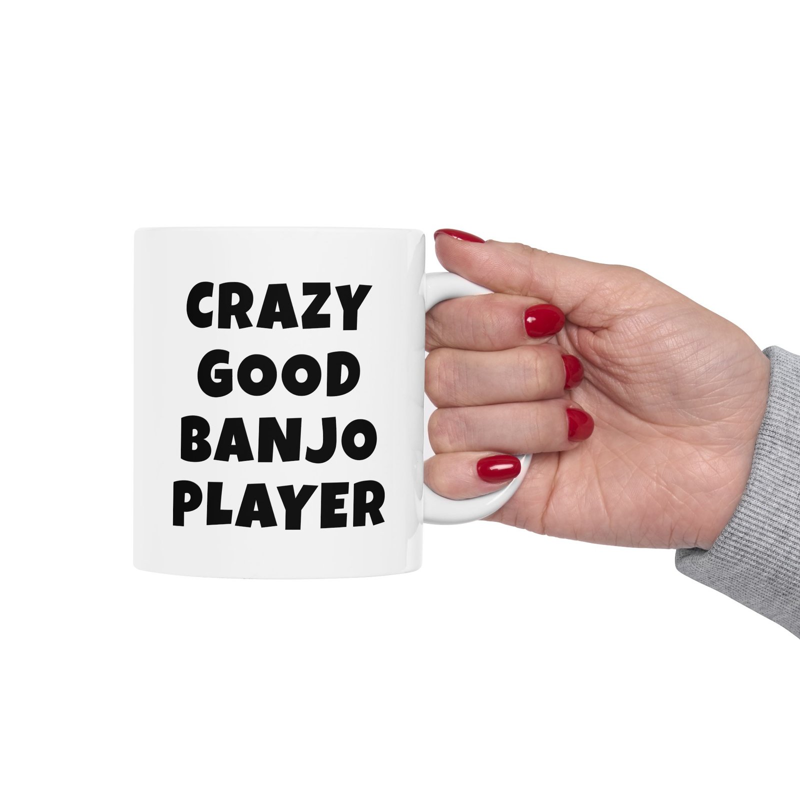 CRAZY GOOD BANJO PLAYER mug — minimalist black text coffee cup gift for musicians