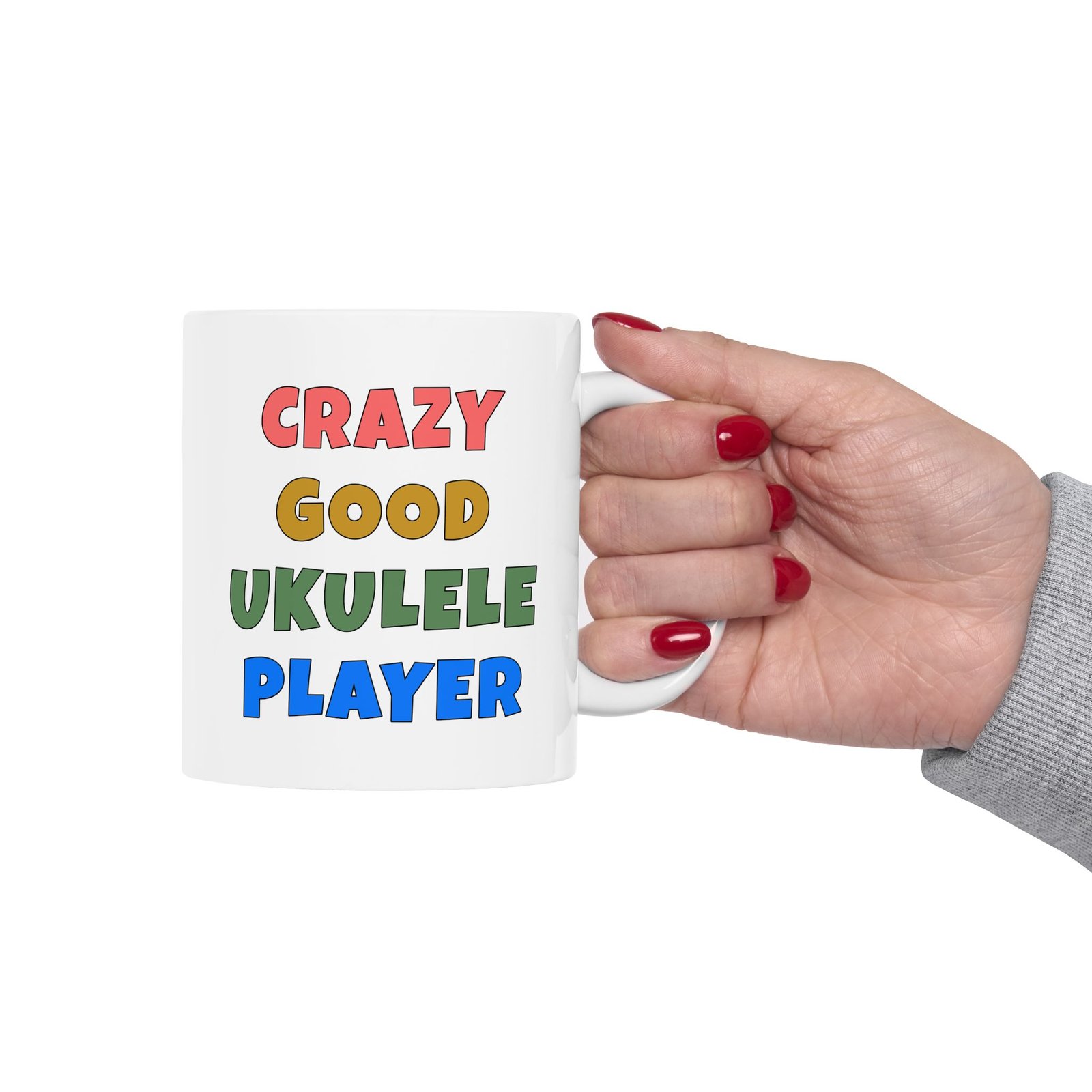 CRAZY GOOD UKULELE PLAYER mug — colorful lettering coffee cup gift for musicians