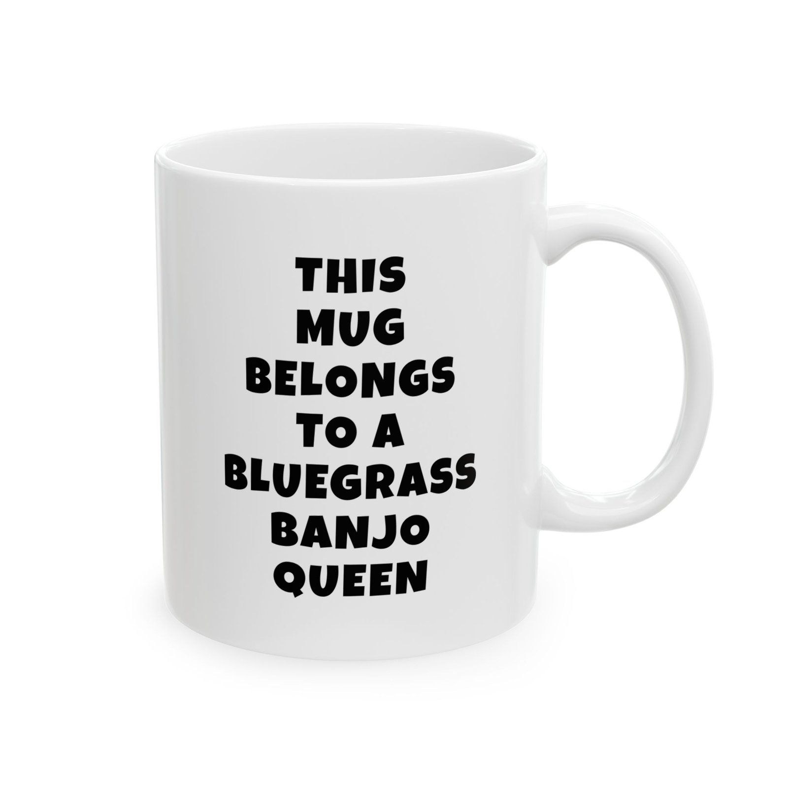 THIS MUG BELONGS TO A BLUEGRASS BANJO QUEEN mug — minimalist black text coffee cup gift for musicians
