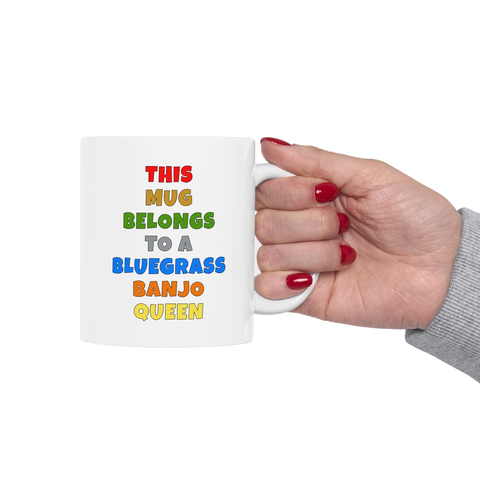 THIS MUG BELONGS TO A BLUEGRASS BANJO QUEEN mug — colorful lettering coffee cup gift for musicians