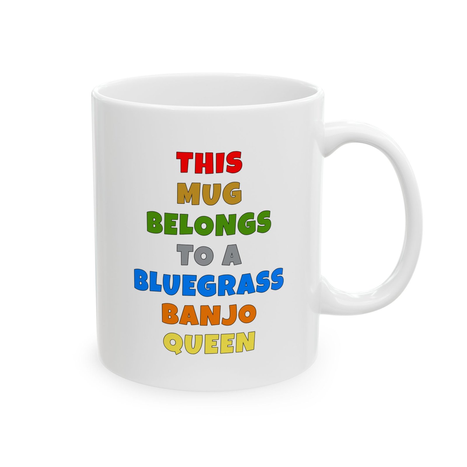THIS MUG BELONGS TO A BLUEGRASS BANJO QUEEN mug — colorful lettering coffee cup gift for musicians