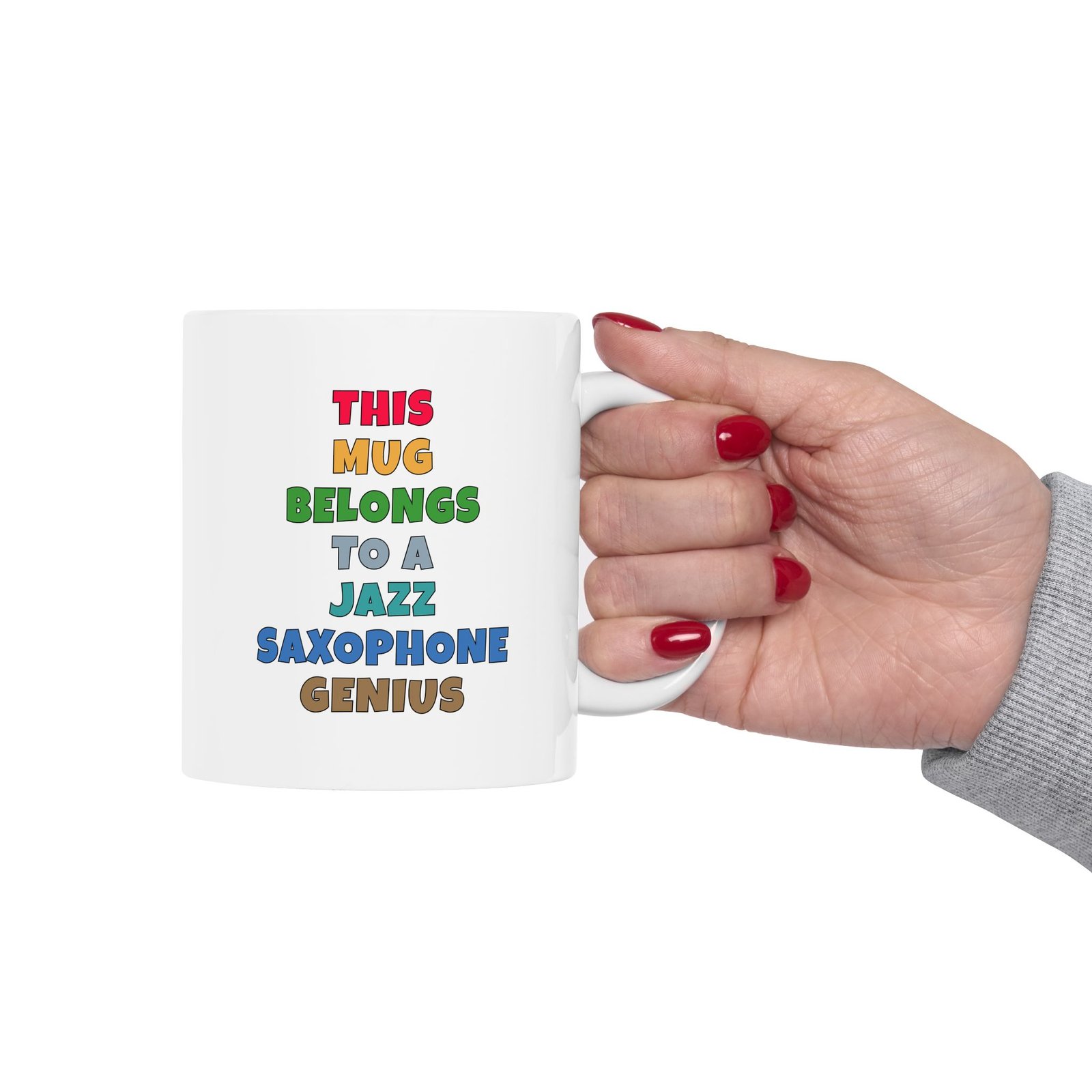 THIS MUG BELONGS TO A JAZZ SAXOPHONE GENIUS mug — colorful lettering coffee cup gift for musicians