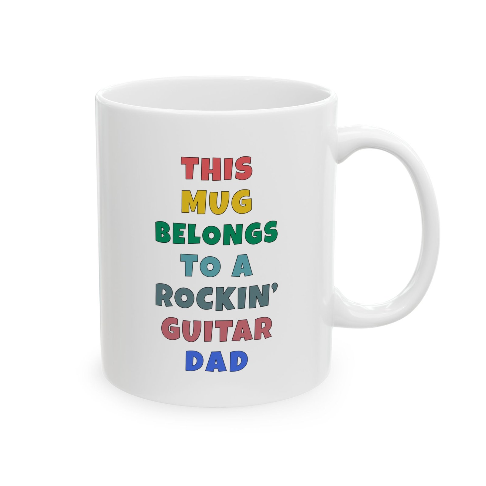 THIS MUG BELONGS TO A ROCKIN’ GUITAR DAD mug — colorful lettering coffee cup gift for musicians