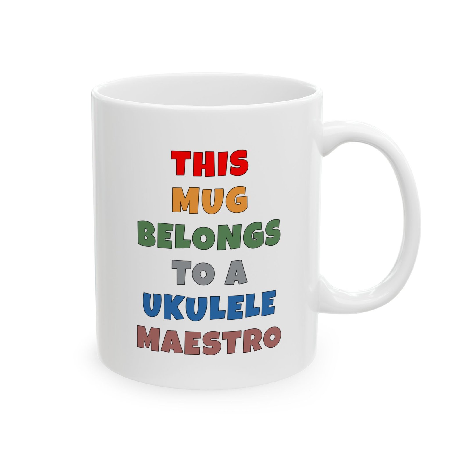 THIS MUG BELONGS TO A UKULELE MAESTRO mug — colorful lettering coffee cup gift for musicians