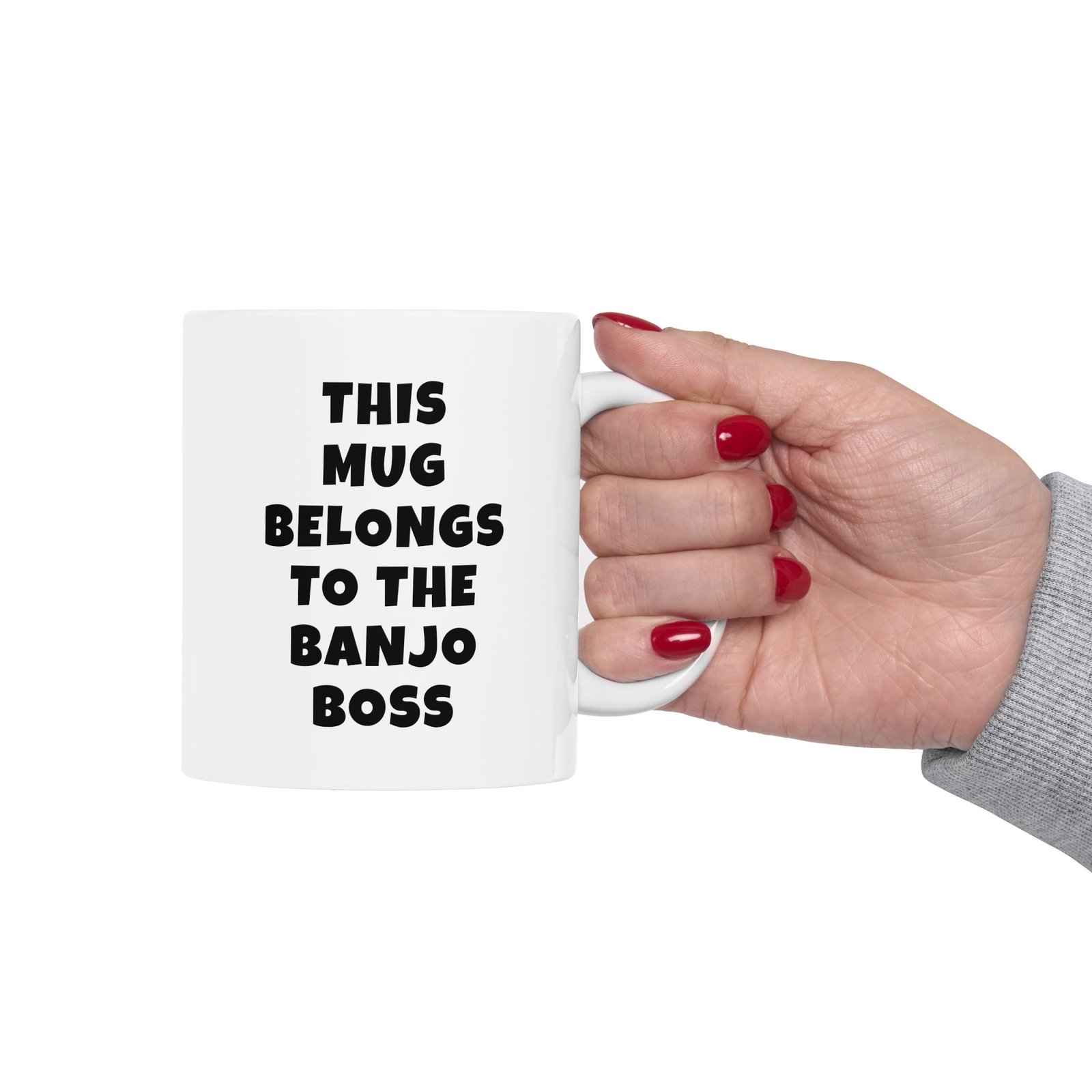 THIS MUG BELONGS TO THE BANJO BOSS mug — minimalist black text coffee cup gift for musicians