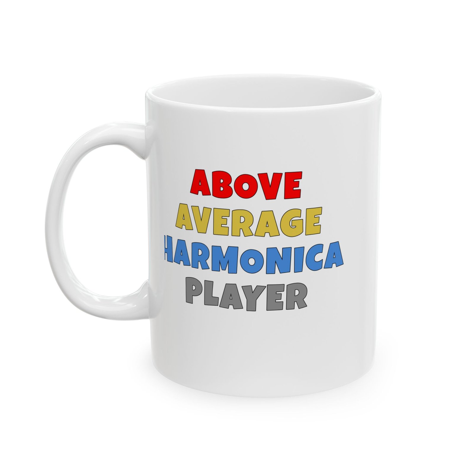 ABOVE AVERAGE HARMONICA PLAYER Mug | Funny Harmonica Gift | Coffee Cup for Music Lovers – Color Text