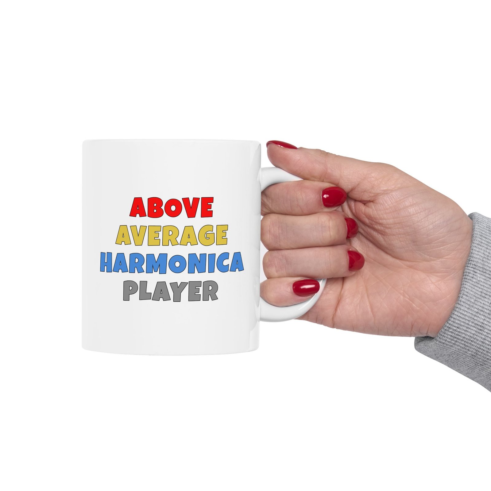 ABOVE AVERAGE HARMONICA PLAYER Mug | Funny Harmonica Gift | Coffee Cup for Music Lovers – Color Text - Image 3