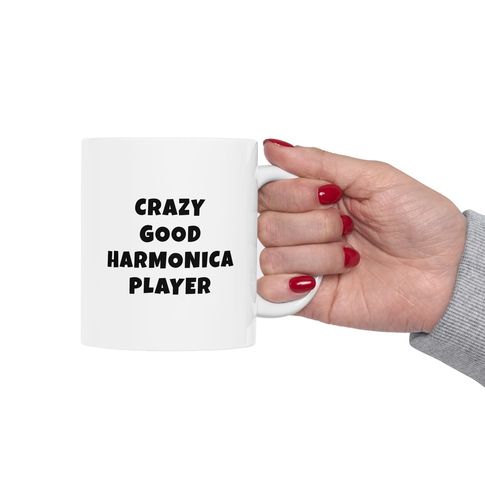 RAZY GOOD HARMONICA PLAYER mug — minimalist black text coffee cup gift for musicians