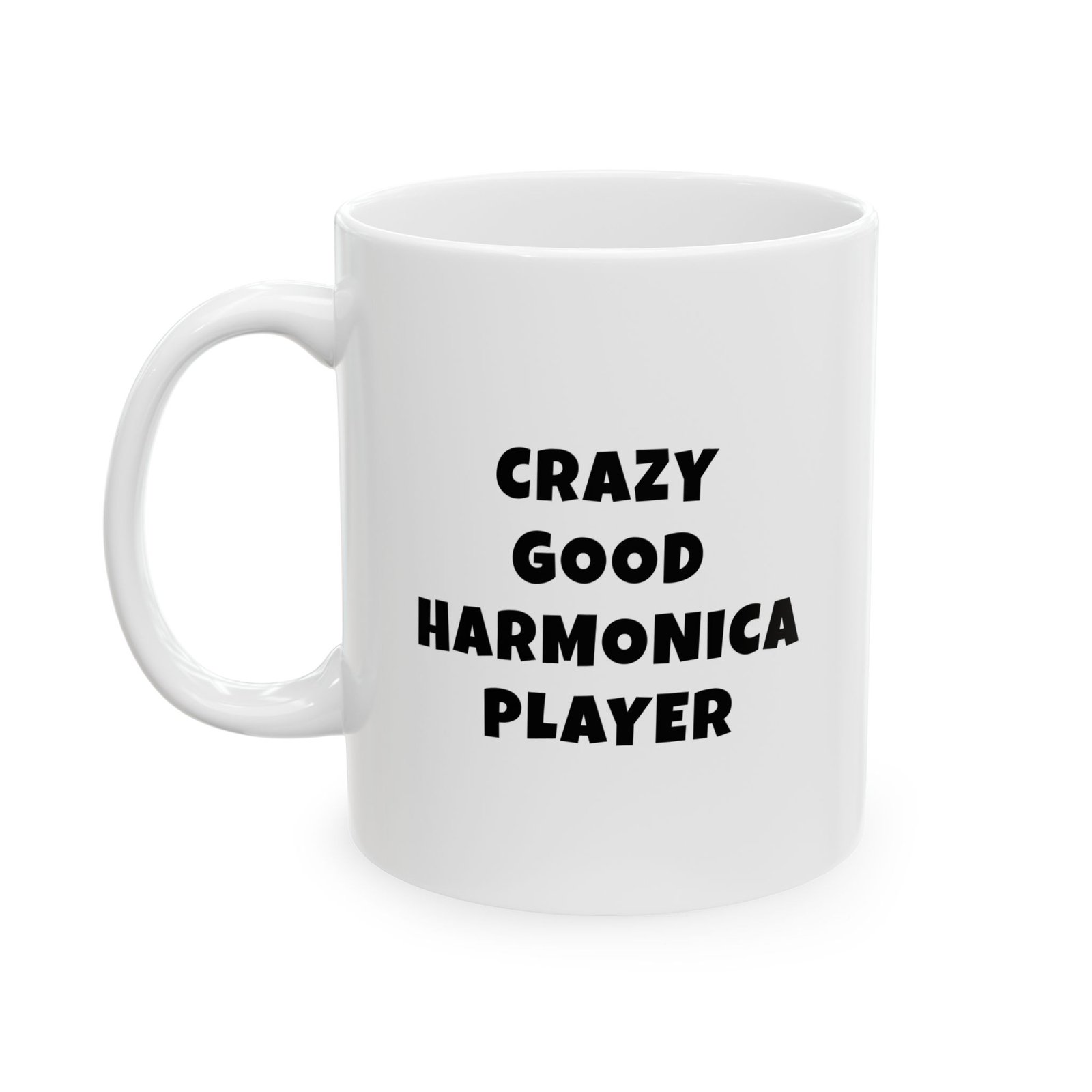 RAZY GOOD HARMONICA PLAYER mug — minimalist black text coffee cup gift for musicians