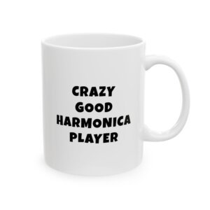 RAZY GOOD HARMONICA PLAYER mug — minimalist black text coffee cup gift for musicians