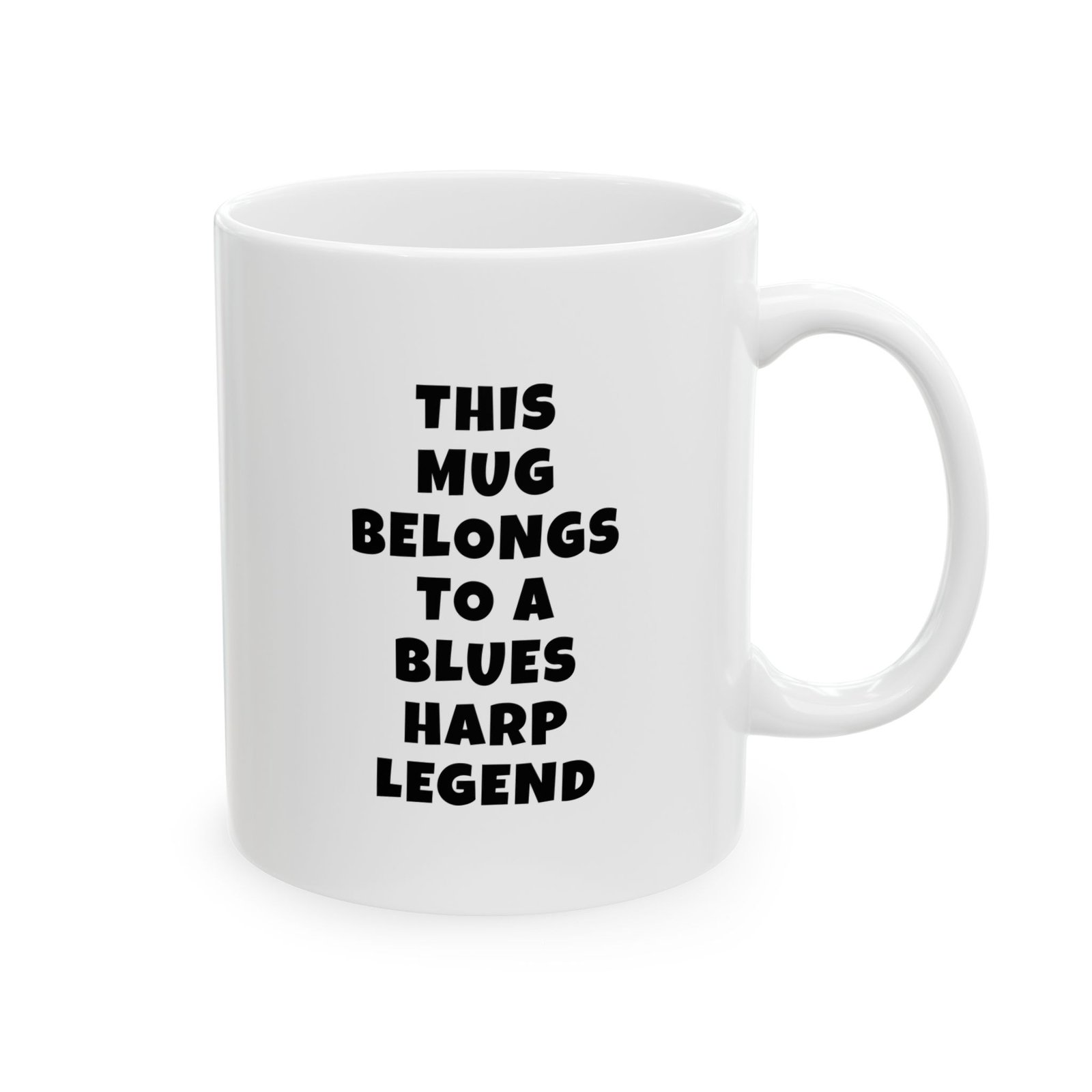 THIS MUG BELONGS TO A BLUES HARP LEGEND mug — minimalist black text coffee cup gift for musicians