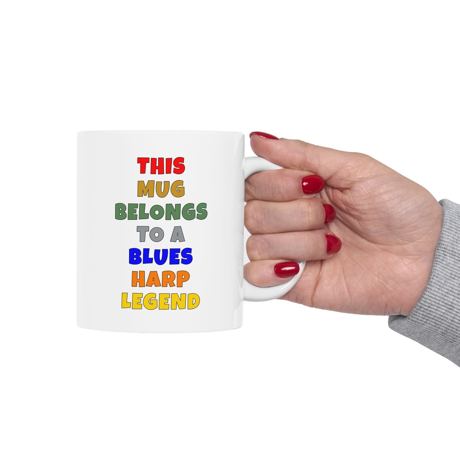 THIS MUG BELONGS TO A BLUES HARP LEGEND mug — colorful lettering coffee cup gift for musicians