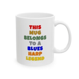 THIS MUG BELONGS TO A BLUES HARP LEGEND mug — colorful lettering coffee cup gift for musicians