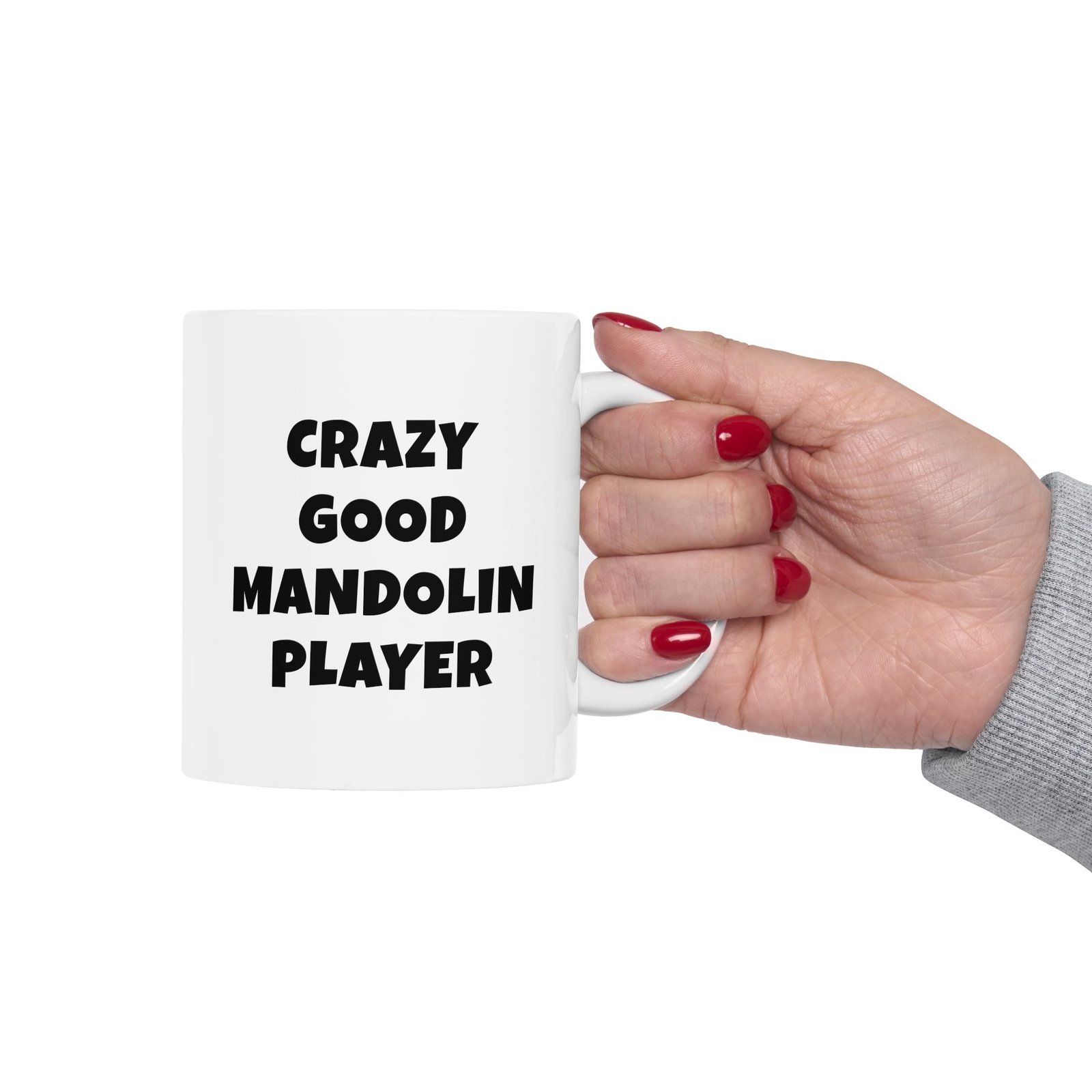 Handle view - Crazy good mandolin player black text mandolin mug