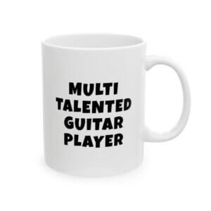 Black text mug reading 'Multi talented guitar player' - gift for guitar players