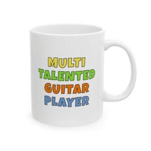 Color text mug reading 'Multi talented guitar player' - funny guitar gift